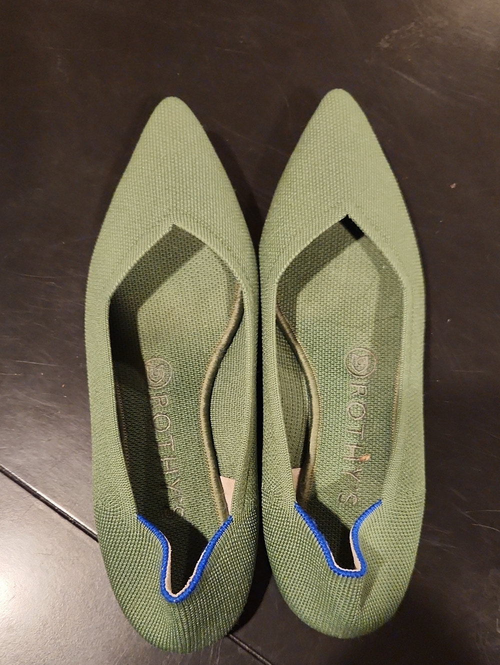 Rothy's Olive Green Pointed-Toe Flats with Blue Accent
